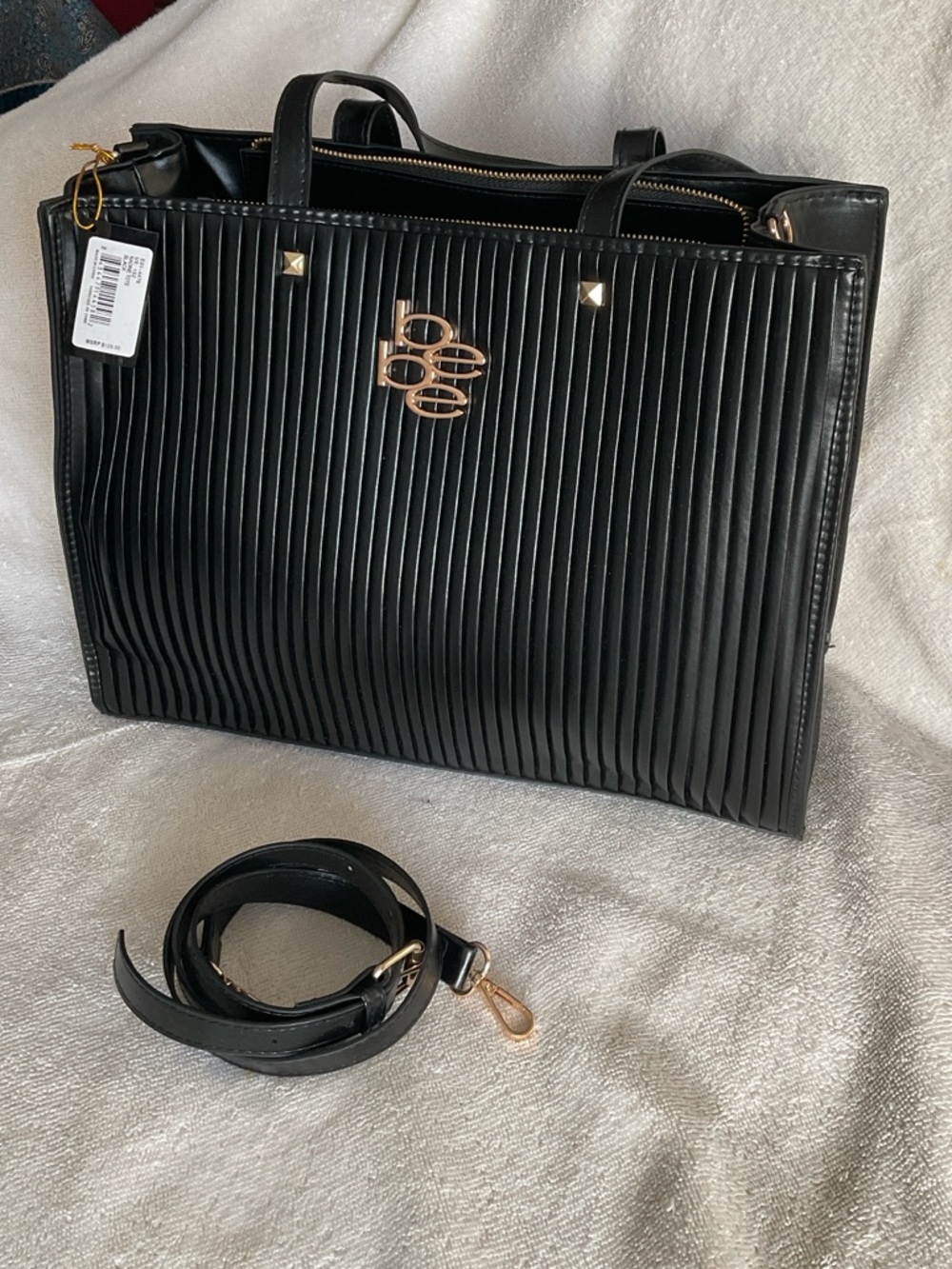 bebe Black Pleated Tote with Gold Logo - Picture 2 of 5